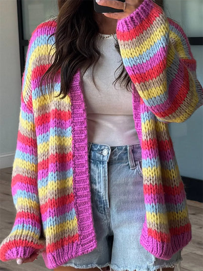 Multi-Color Striped Chunky Knit Open-Front Cardigan