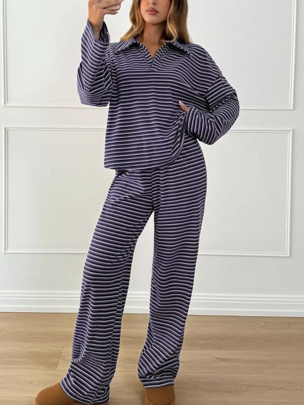 Striped polo top and pants set, view 14