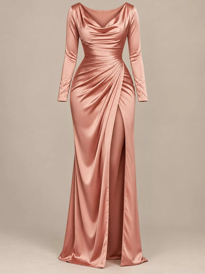 Women's Satin Cowl Neck Bodycon Dress with High Slit