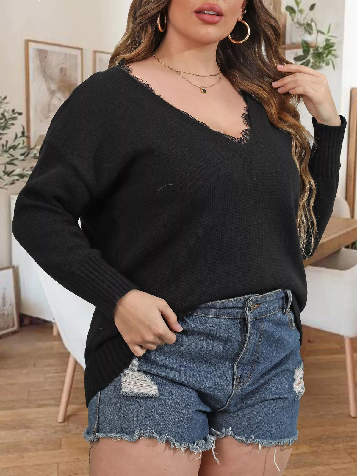 Plus Size Lace Trim V-Neck Sweater