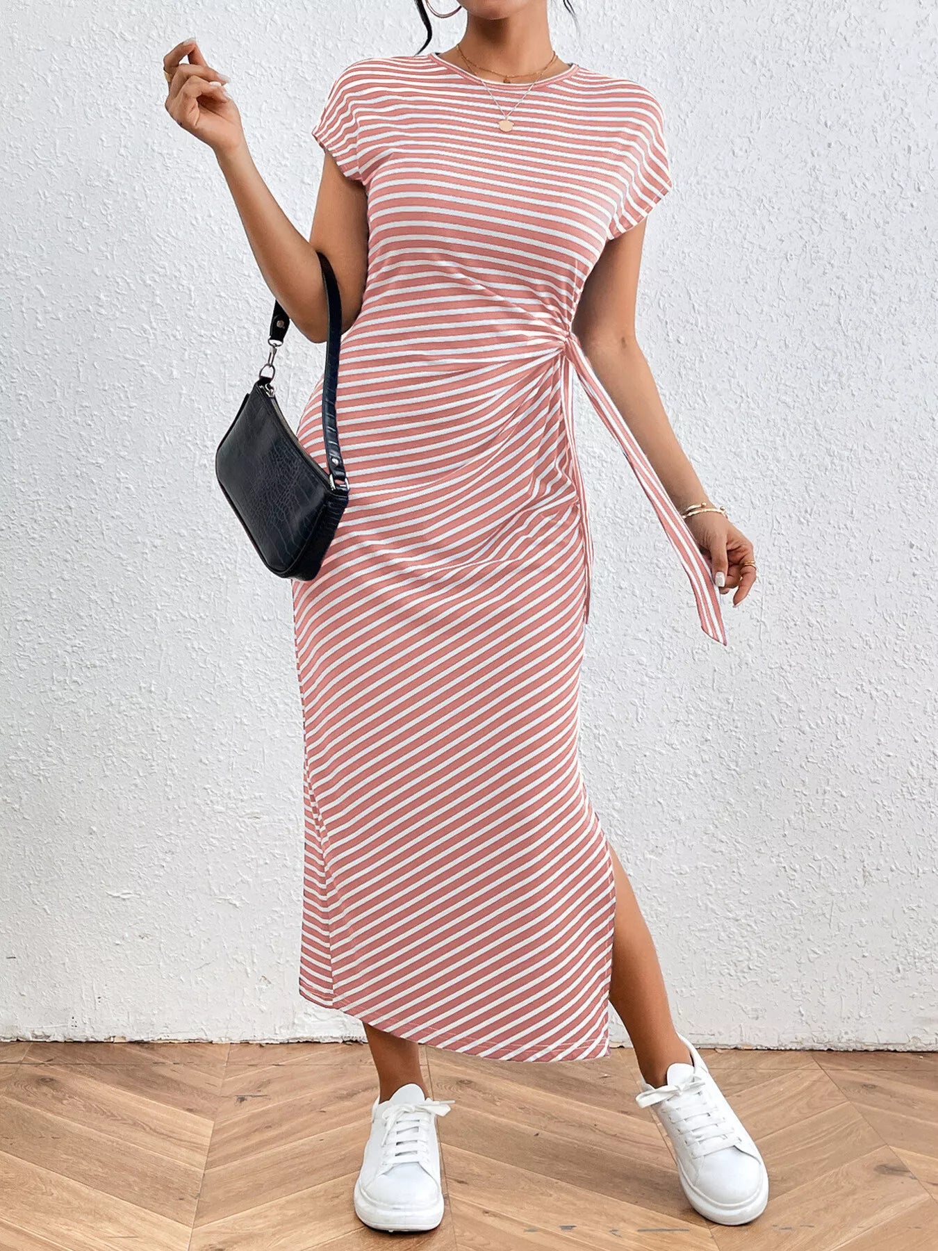 Striped Tie Side Casual Midi Dress