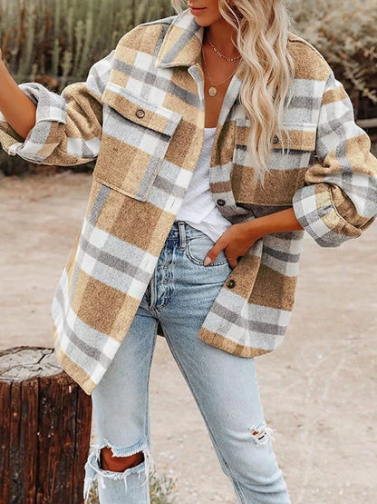 Plaid Button-Down Long Sleeve Jacket