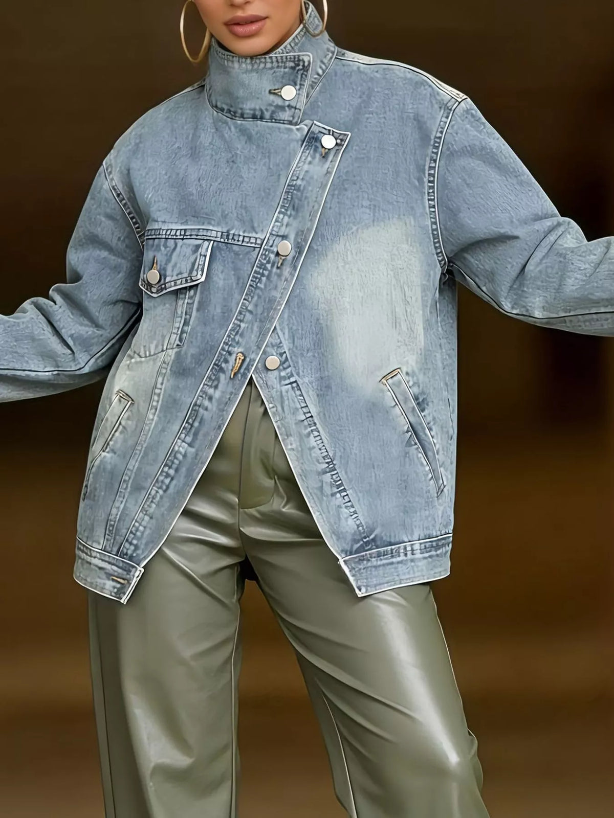 Plus size washed denim jacket with asymmetric button front