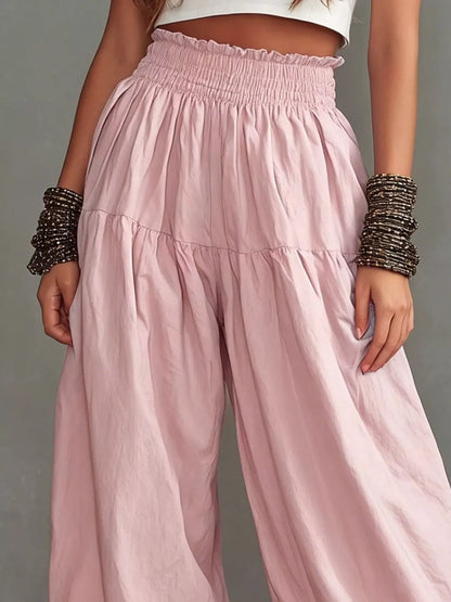 Full Size Smocked Ruffle Hem Wide Leg Pants Plus Size