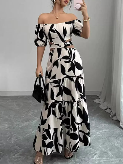 Off-Shoulder Cutout Leaf Print Dress