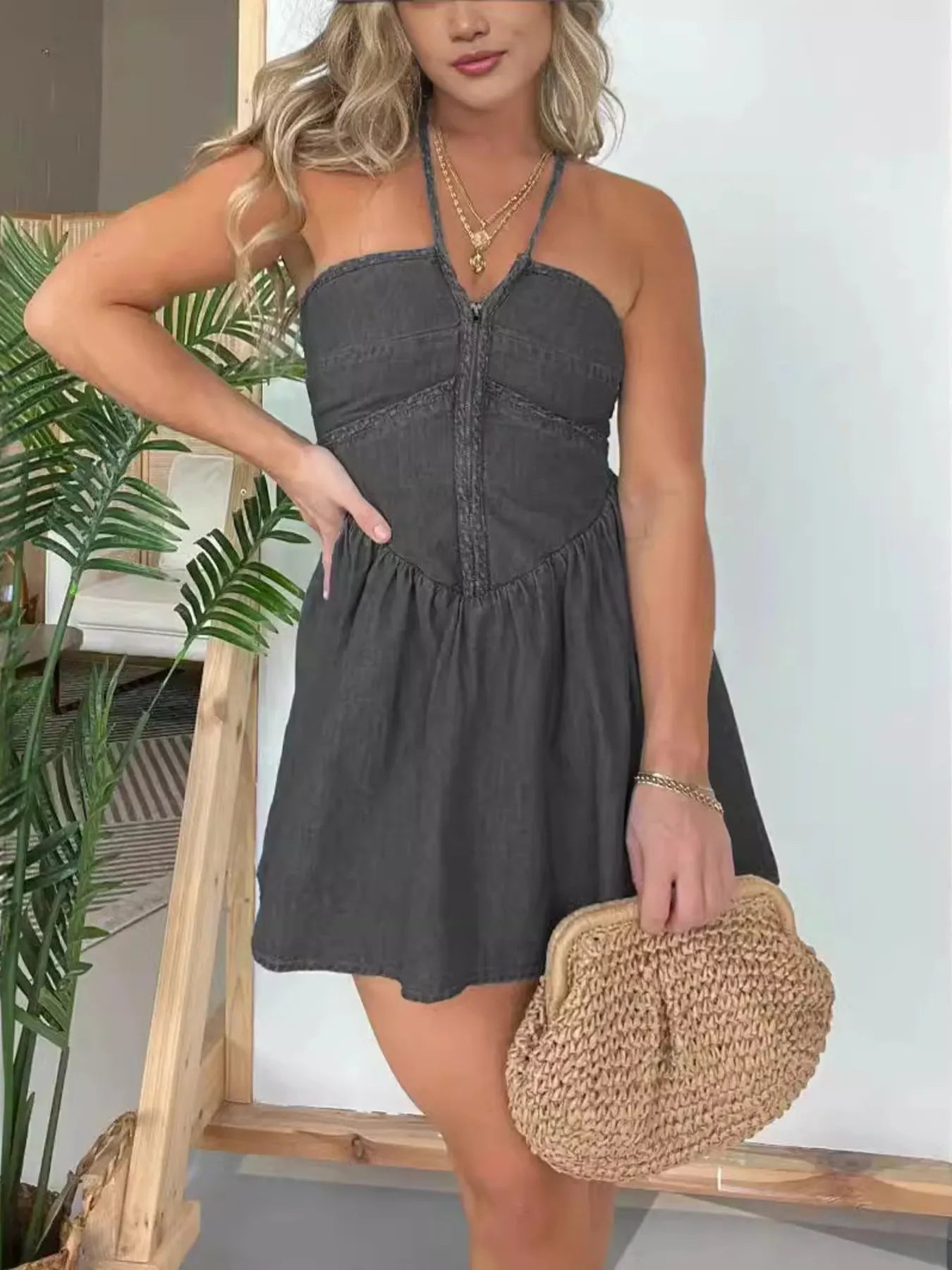 Full Size Lace Up Denim Dress