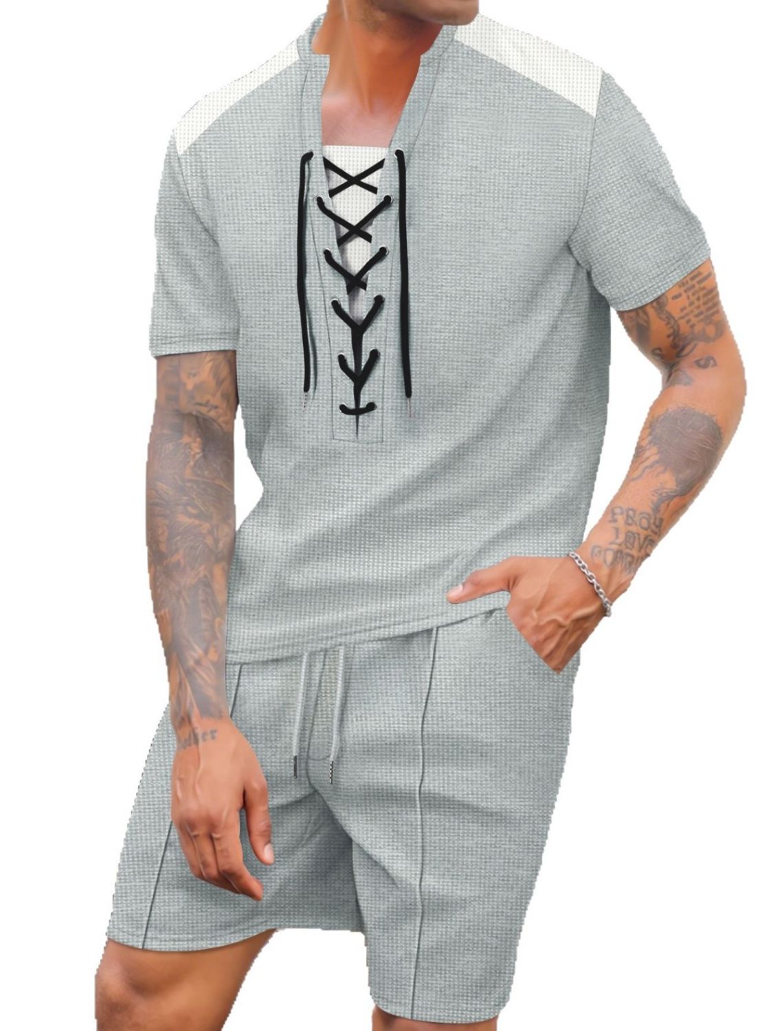 Men's Plus Size Lace-Up Knit Top Shorts Set