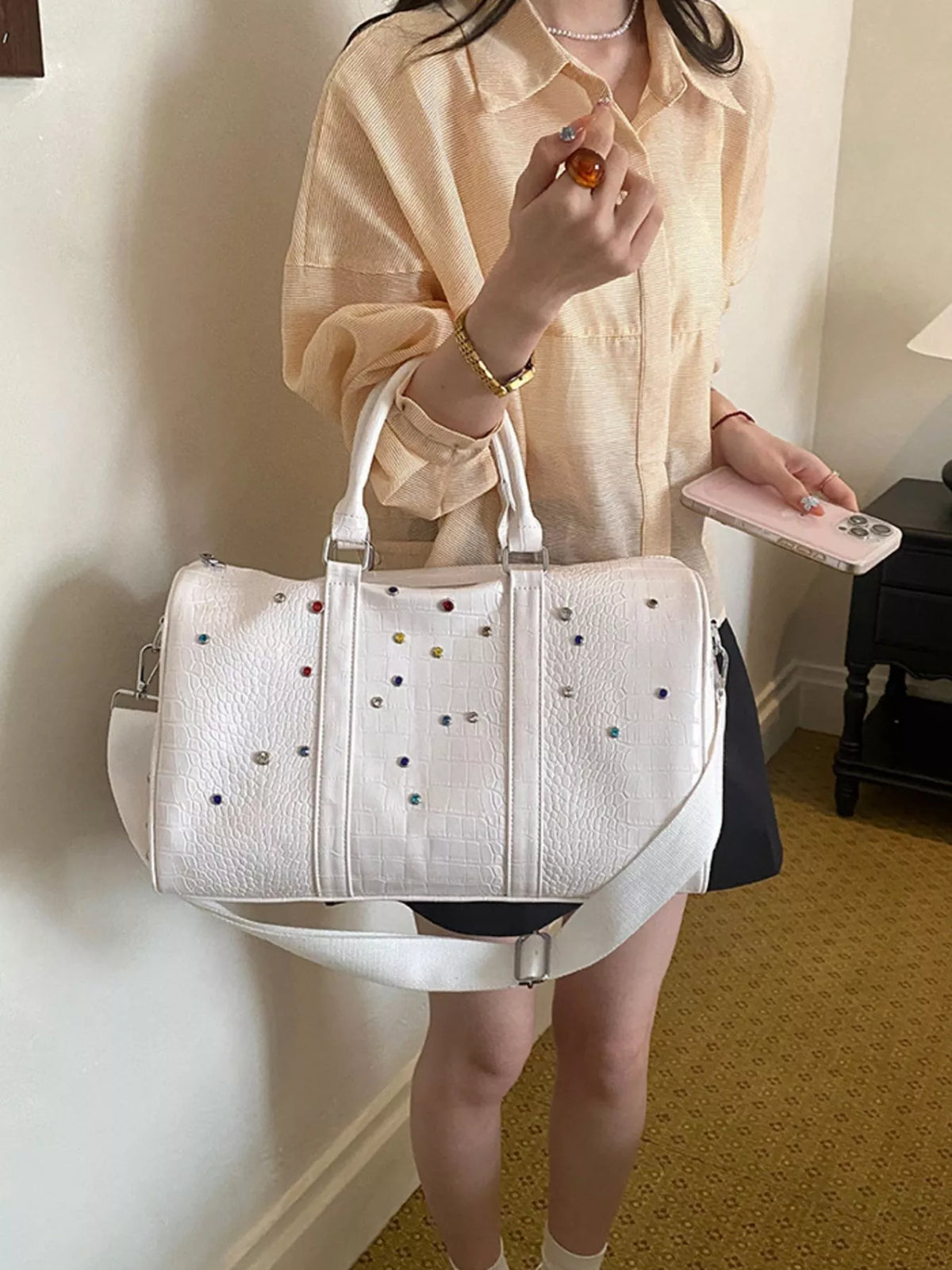 Croc-embossed weekender bag, view 8