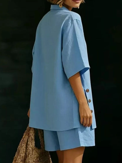 Full Size Casual Linen Button-Down Shirt & Shorts Set Plus Size