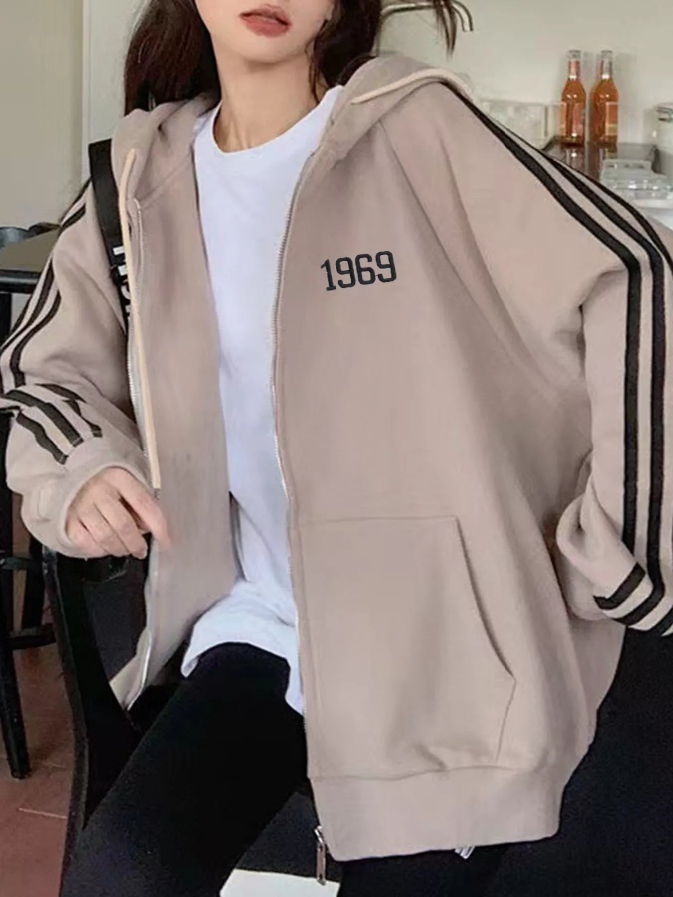 Striped Sleeve Zip-Up Hoodie