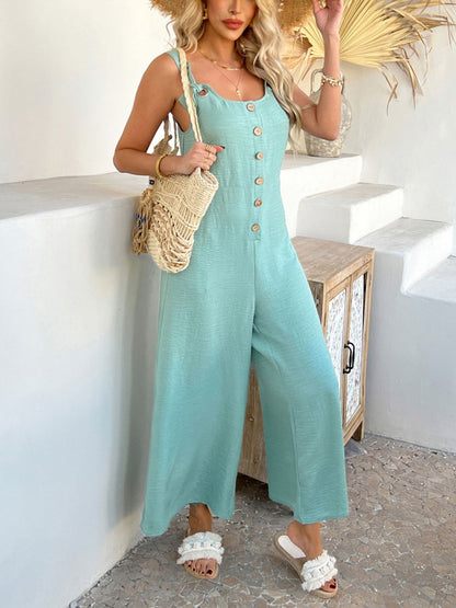 Button Front Wide Leg Jumpsuit