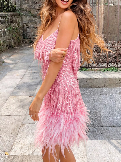 Feather fringe sequin dress, view 12