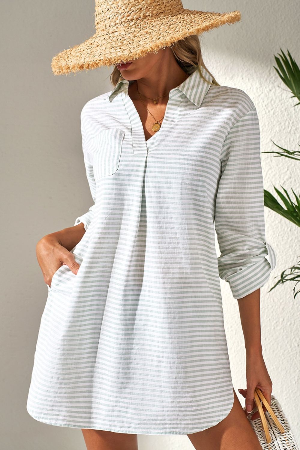 Striped Long Sleeve Mini Shirt Dress