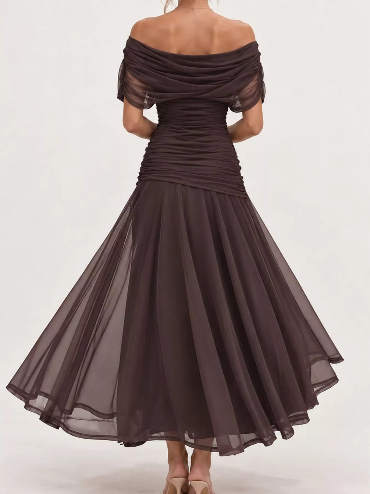 Off-shoulder ruched tulle dress, view 17