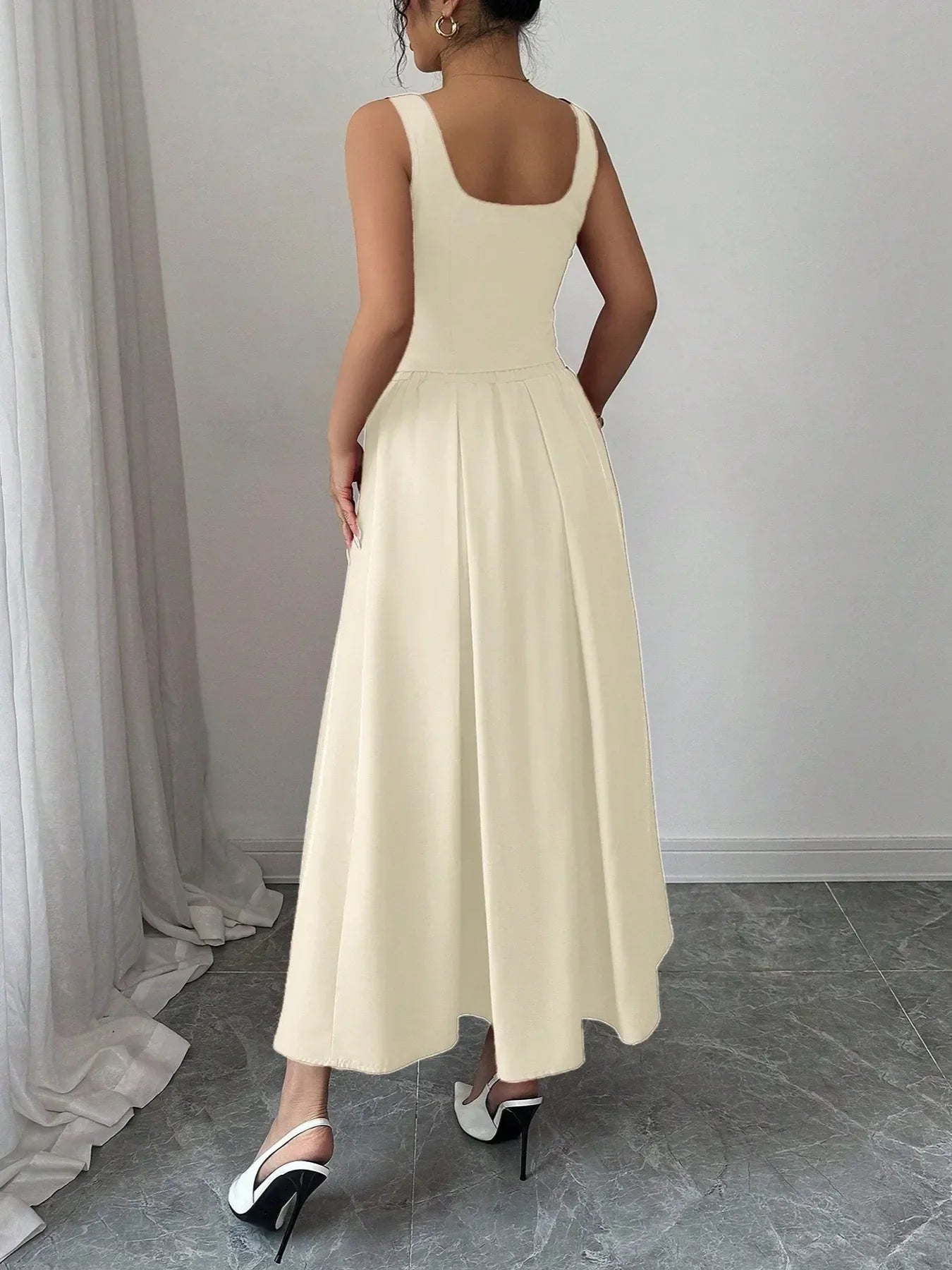 Square Neck Wide Strap Midi Dress