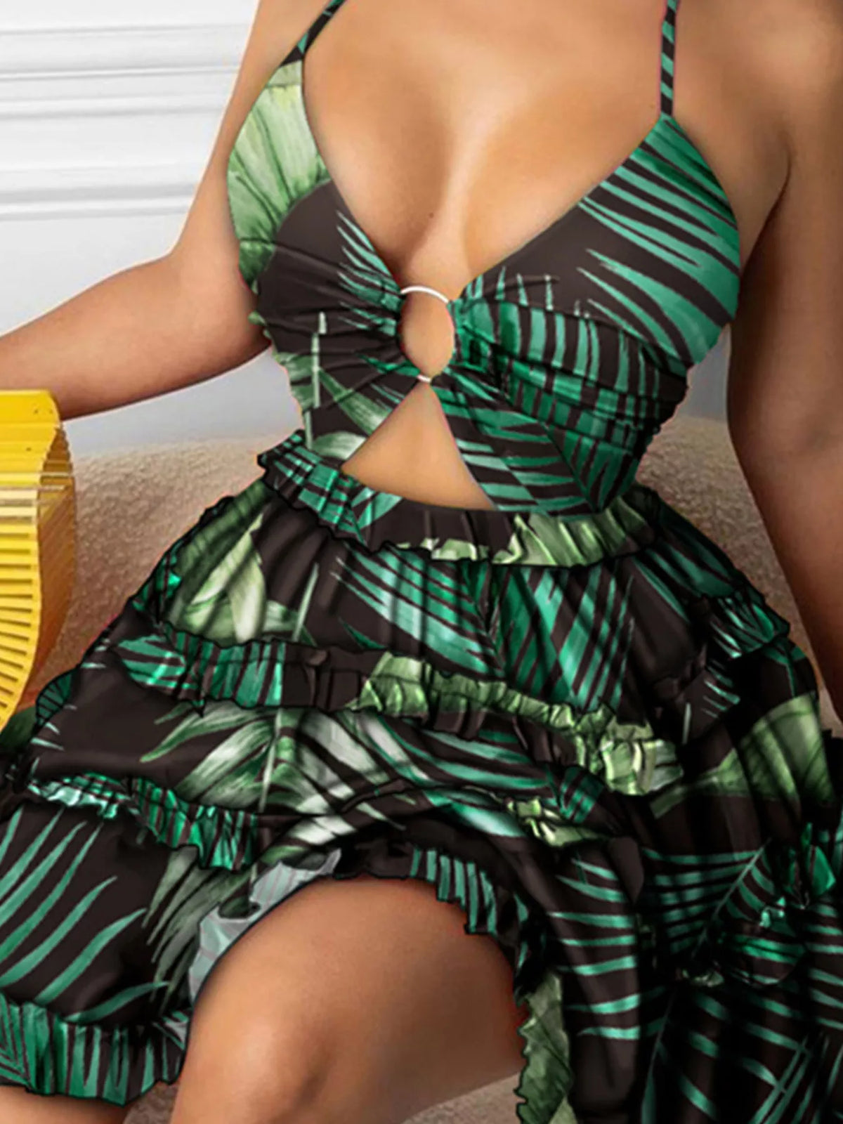 Colorful Print Halter Neck Ruffle Mini Dress