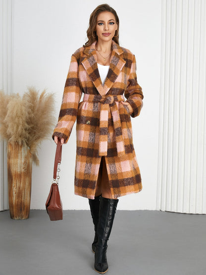 Tied Plaid Collared Coat