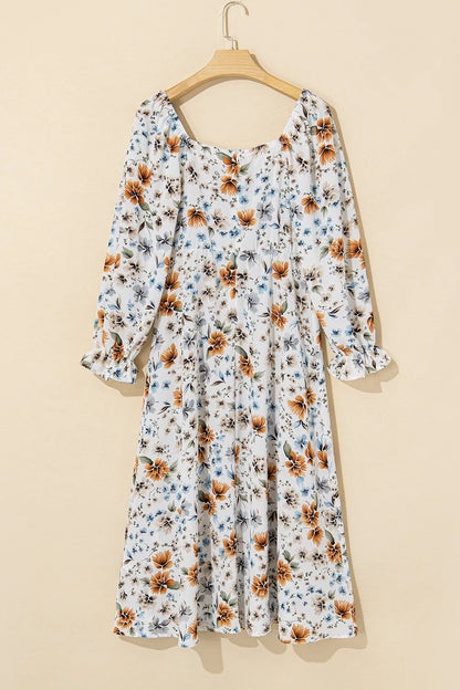 Floral Print Flounce Sleeve Midi Dress