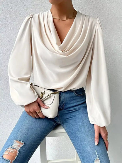 Full Size Cowl Neck Balloon Sleeve Blouse
