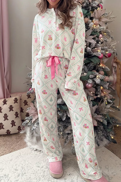 Women's white patchwork long-sleeve top & pants lounge set