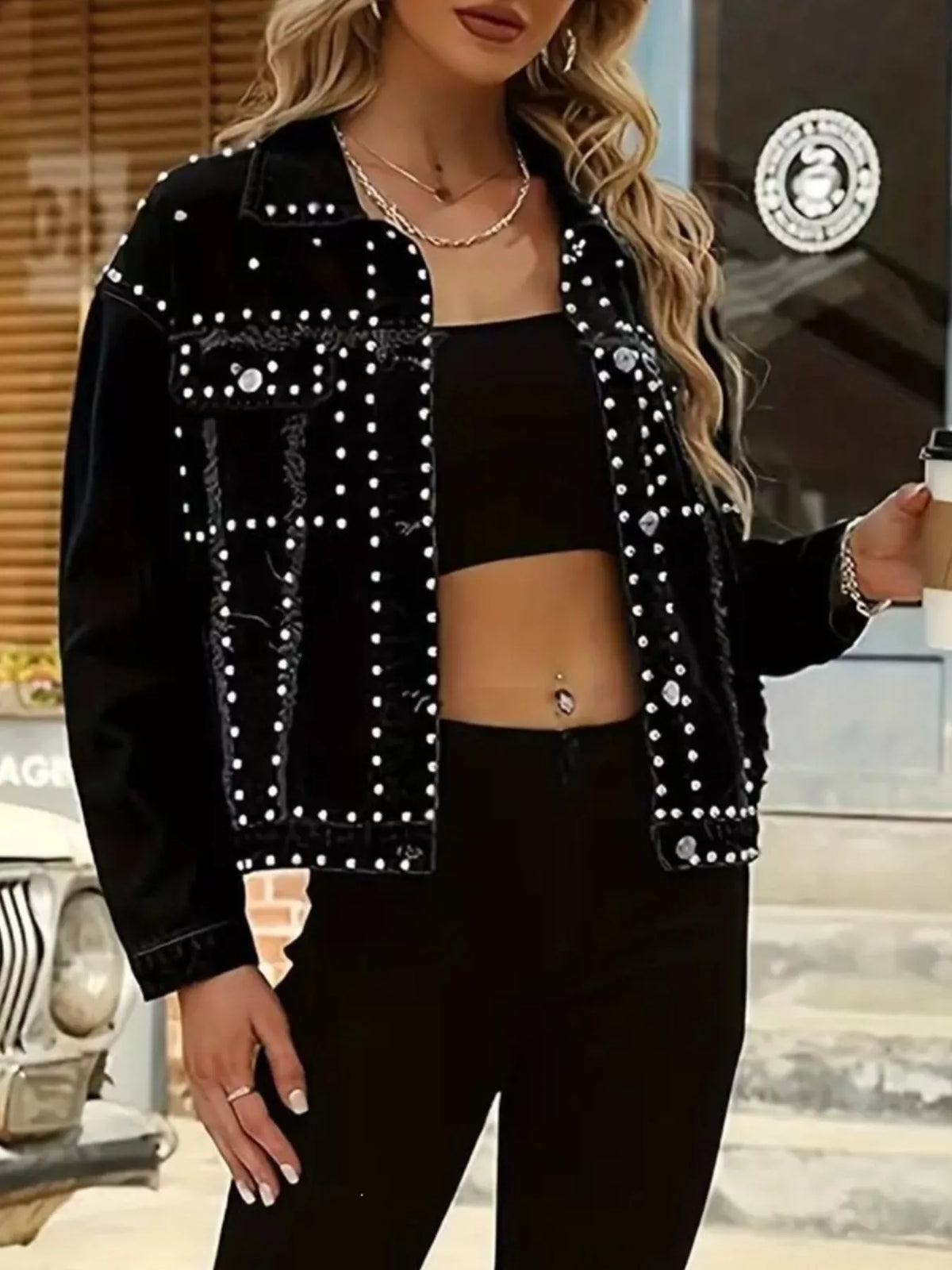 Plus Size Studded Button Up Denim Jacket