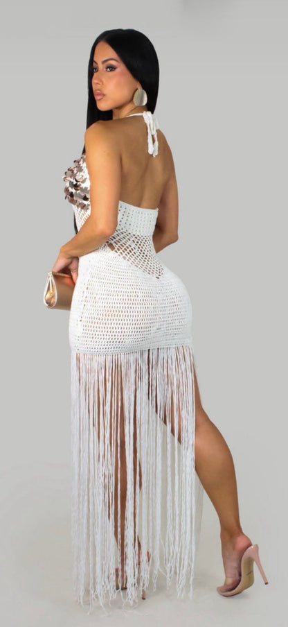 Knitted hand hook perspective sequin fringe strap beach skirt