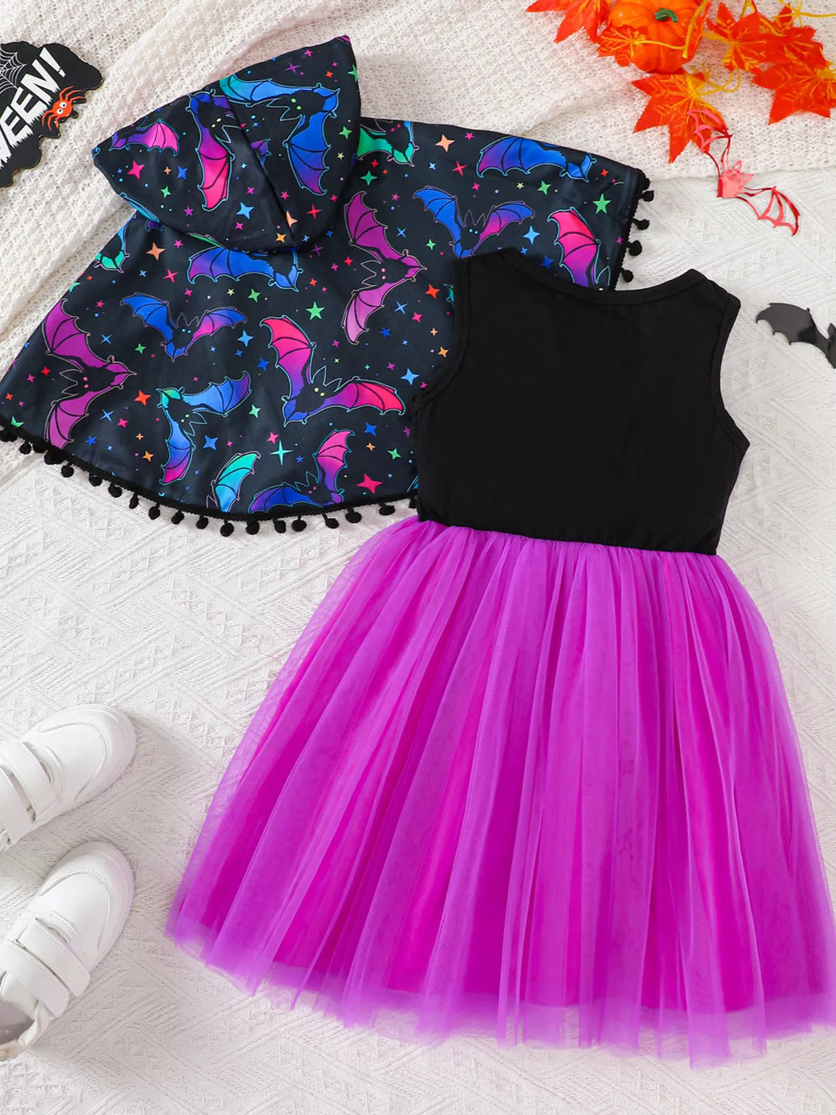Children's Halloween Bat Hooded Cape and Tulle Dress Set