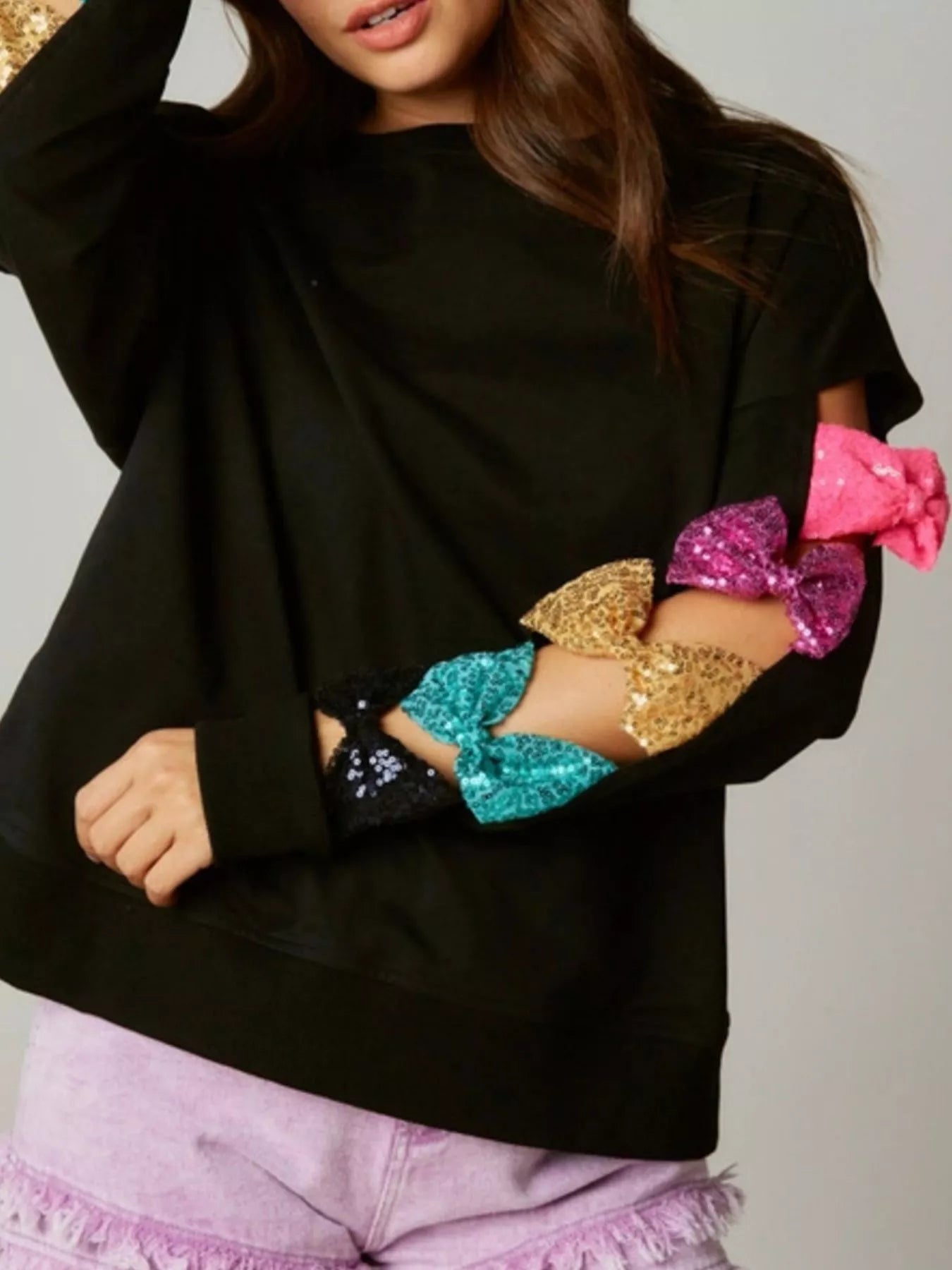 Sequin Bow Cutout Sweatshirt