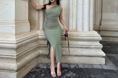 One-Shoulder Ruched Bodycon Slit Dress