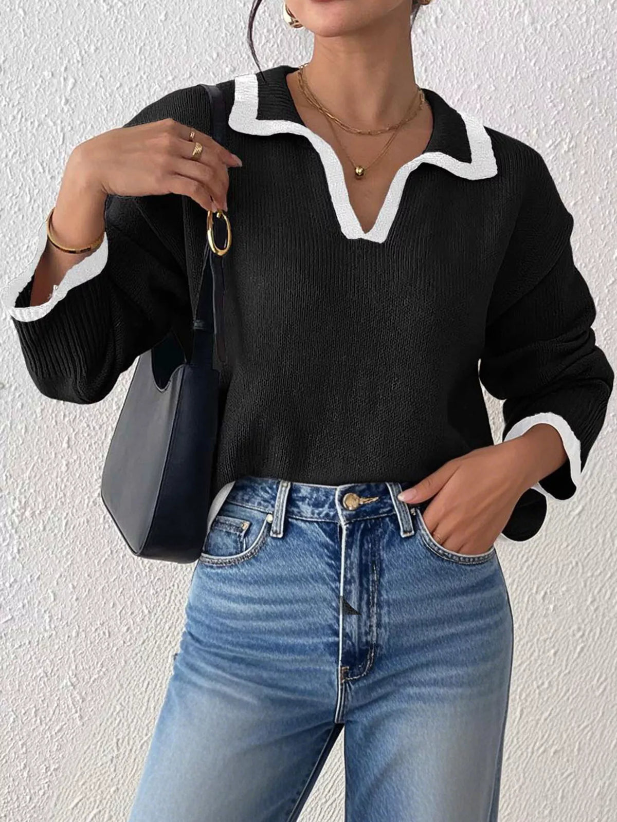 Contrast Trim Polo Collar Sweater