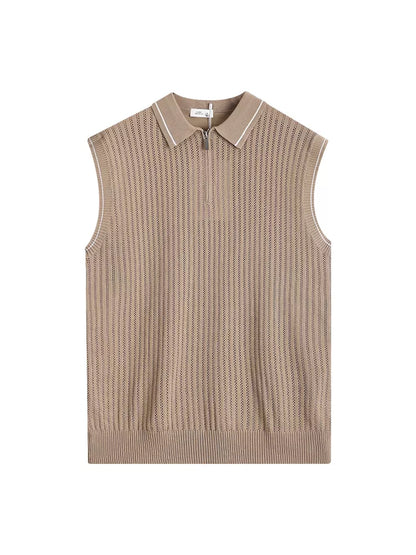 Men's Plus Size Knitted Polo Collar Zip-Up Sleeveless Top