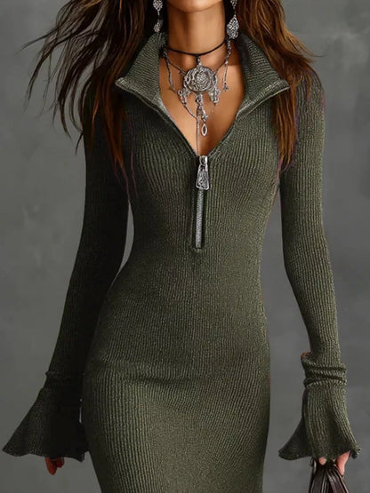 Ribbed Knit Zip Front Flare Hem Midi Dress