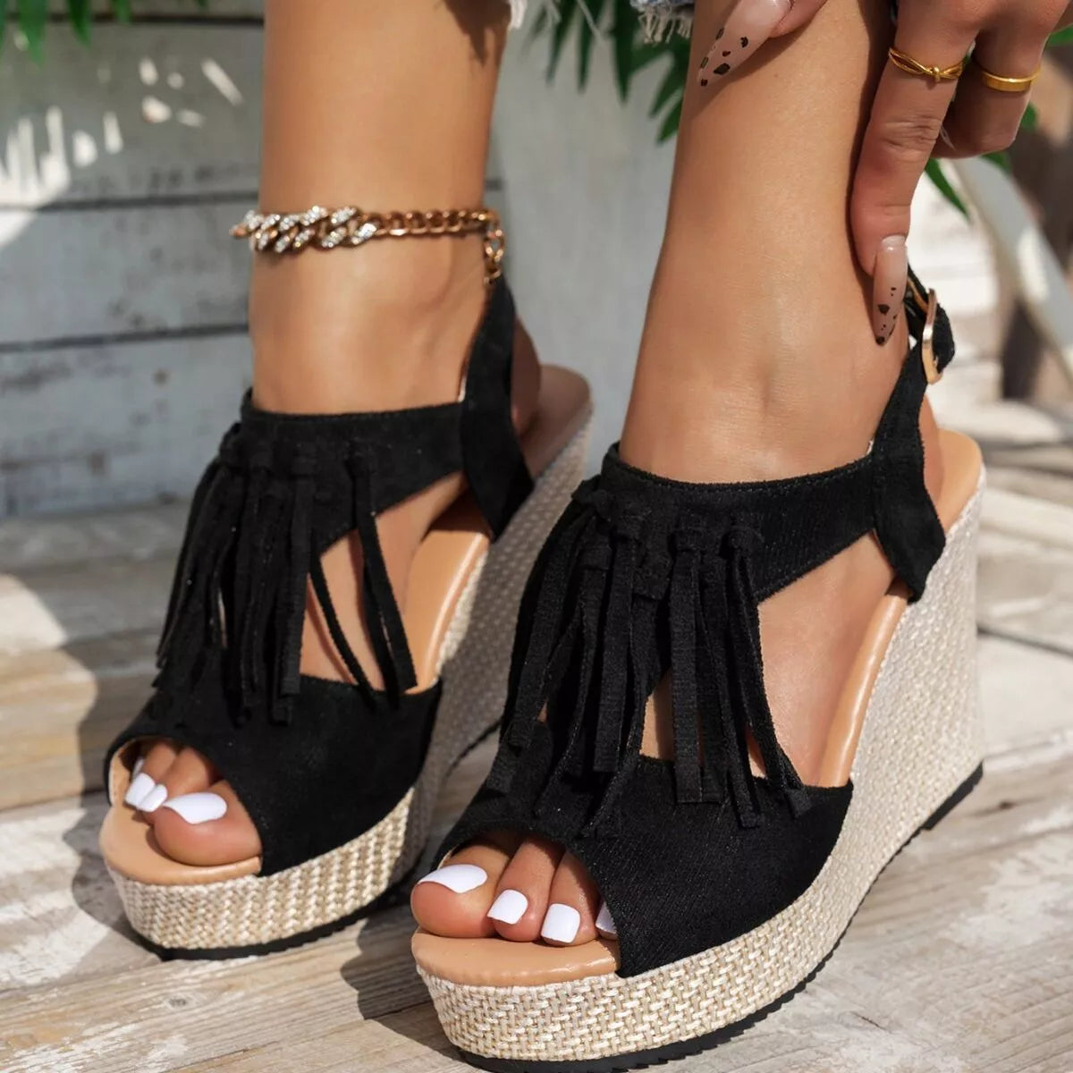 Fringe Platform Wedge Sandals