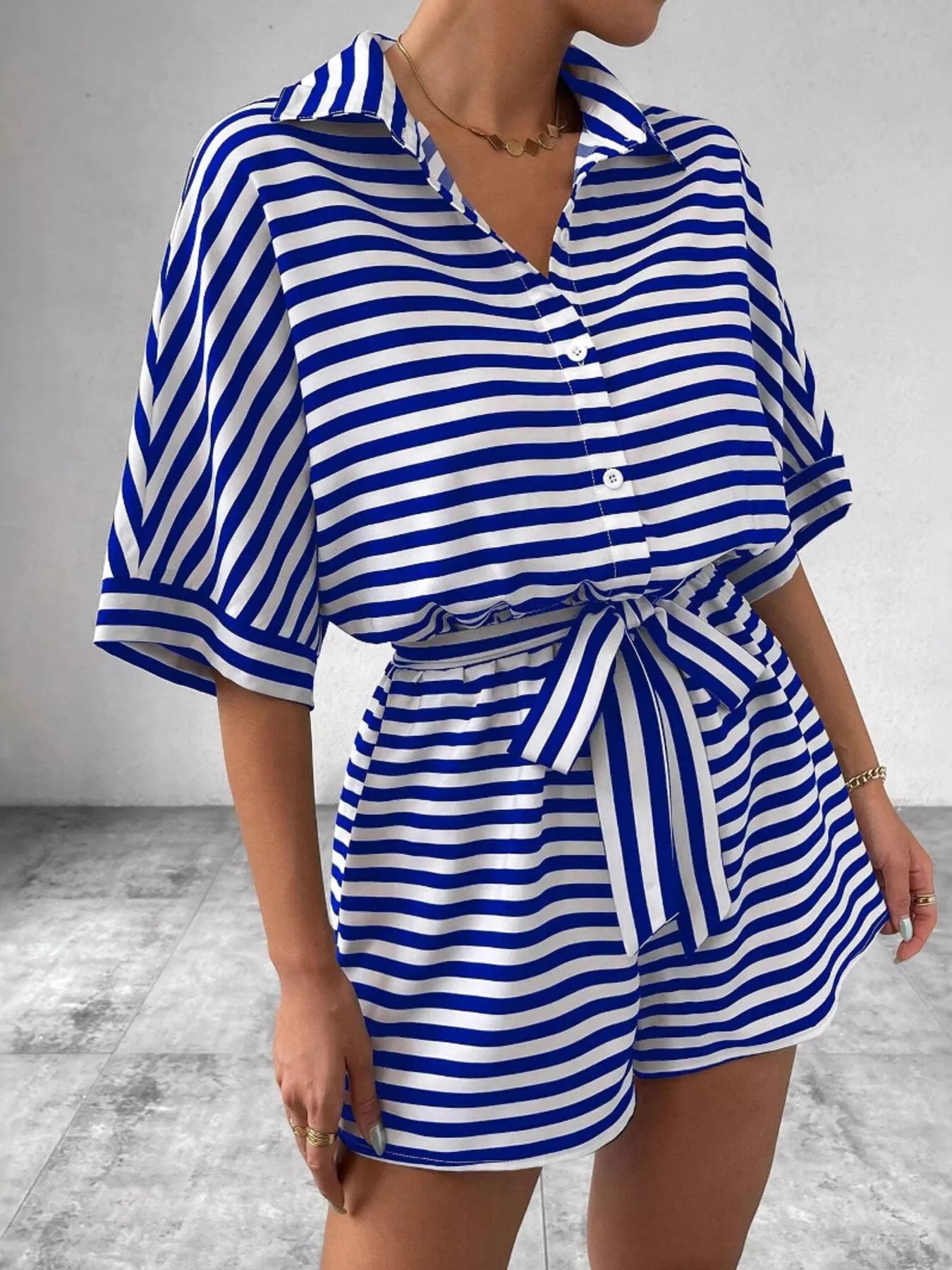 Striped Button Front Half Sleeve Romper