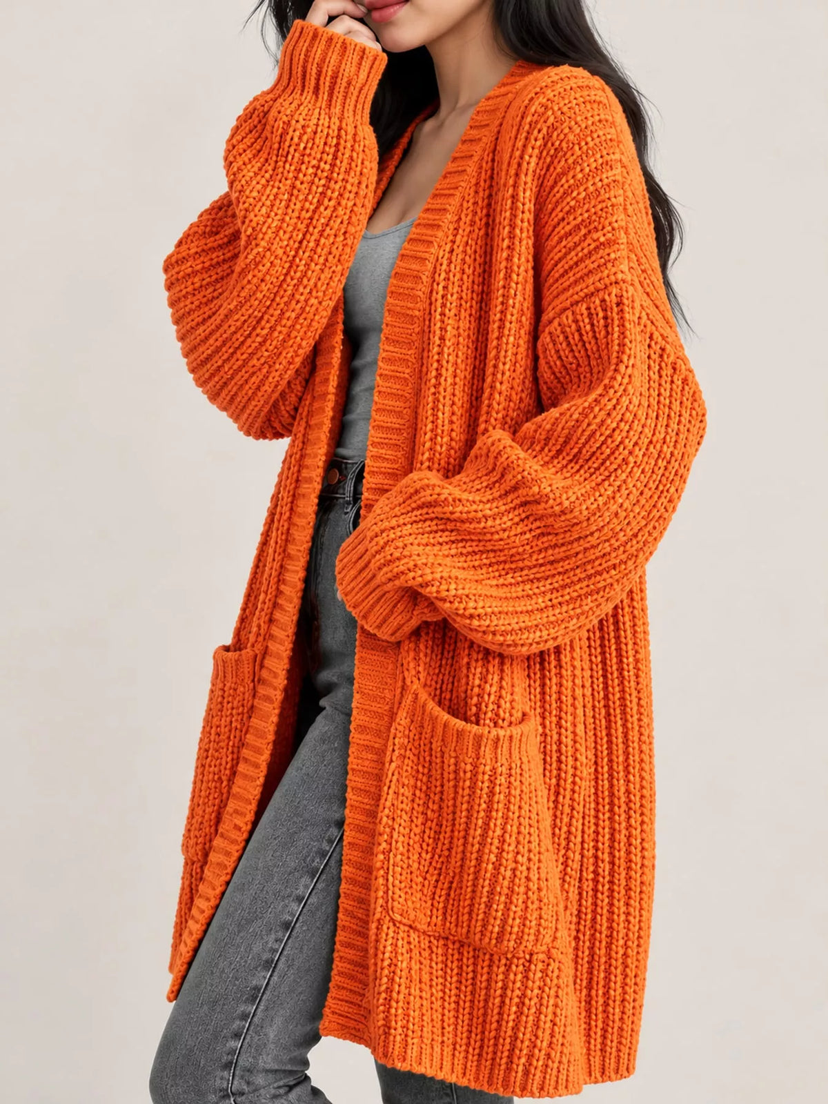 Women's Chunky Knit Openwork Cardigan with Pockets, S to 5XL