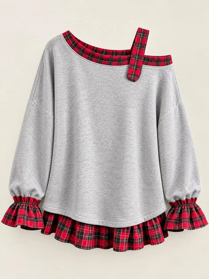 Plaid ruffled hem sweatshirt, view 8