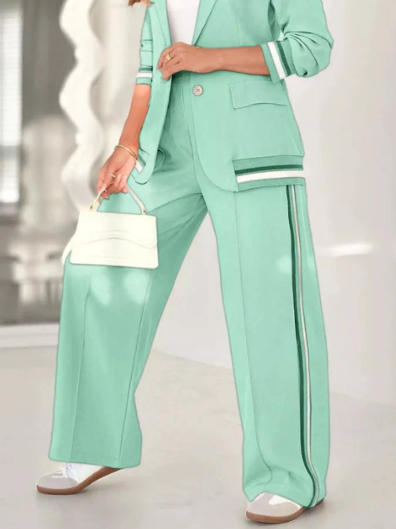 Plus Size Button Down Jacket and Pants Set