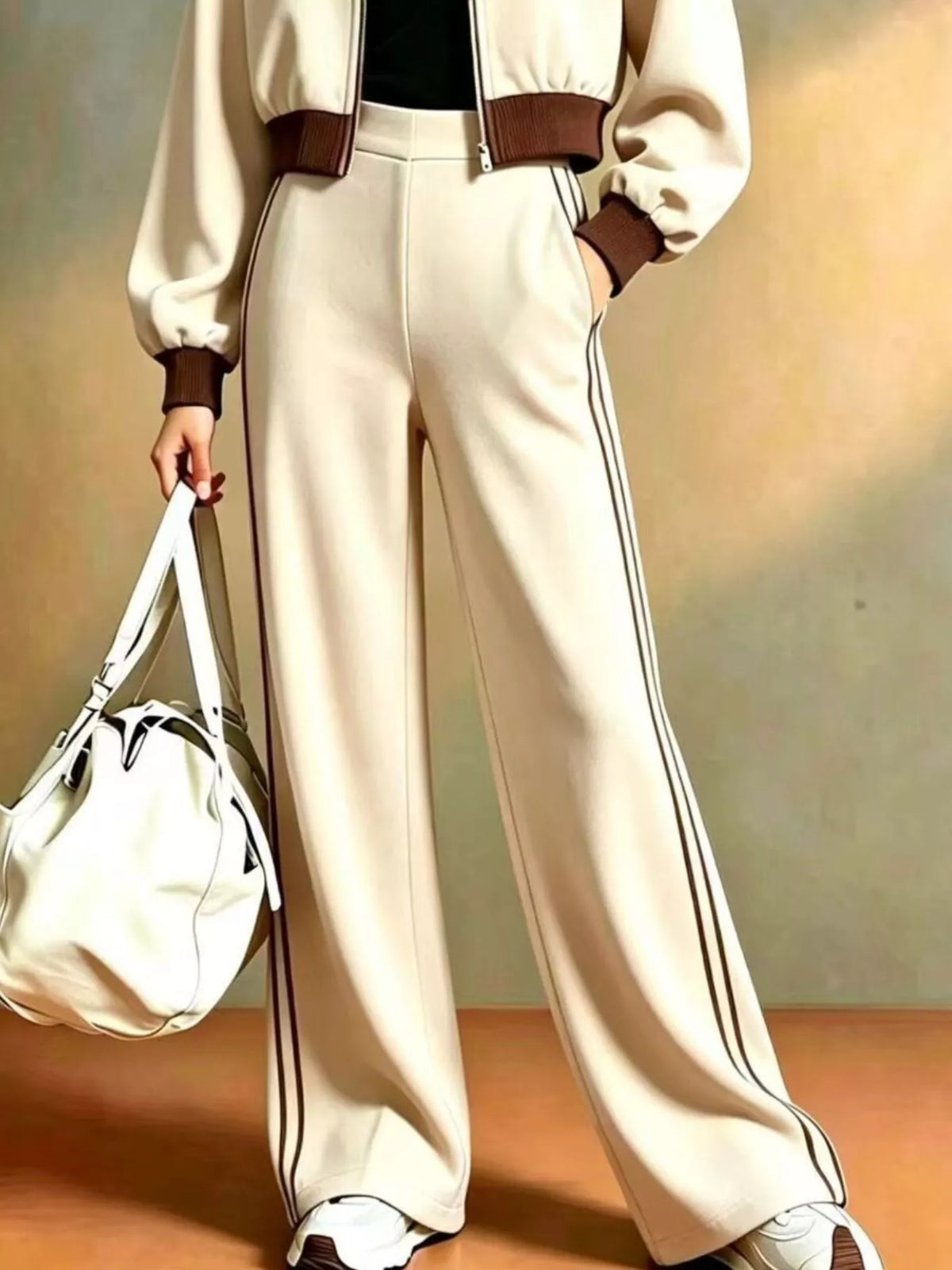 Contrast Ribbed Jacket & Wide-Leg Pants Set
