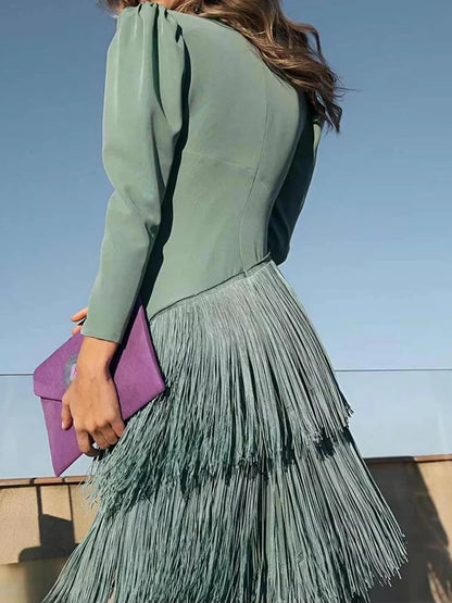 Fringed V-neck puff sleeve dress, view 6