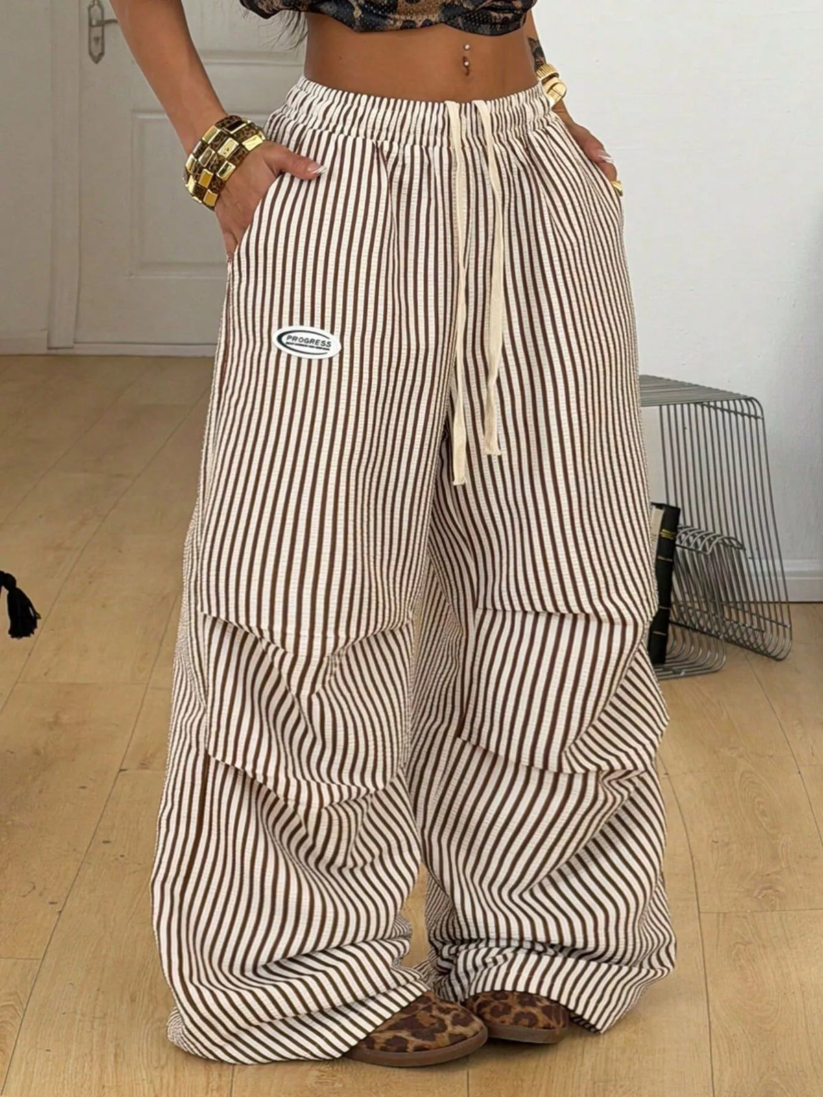 High-waisted striped wide-leg cargo pants