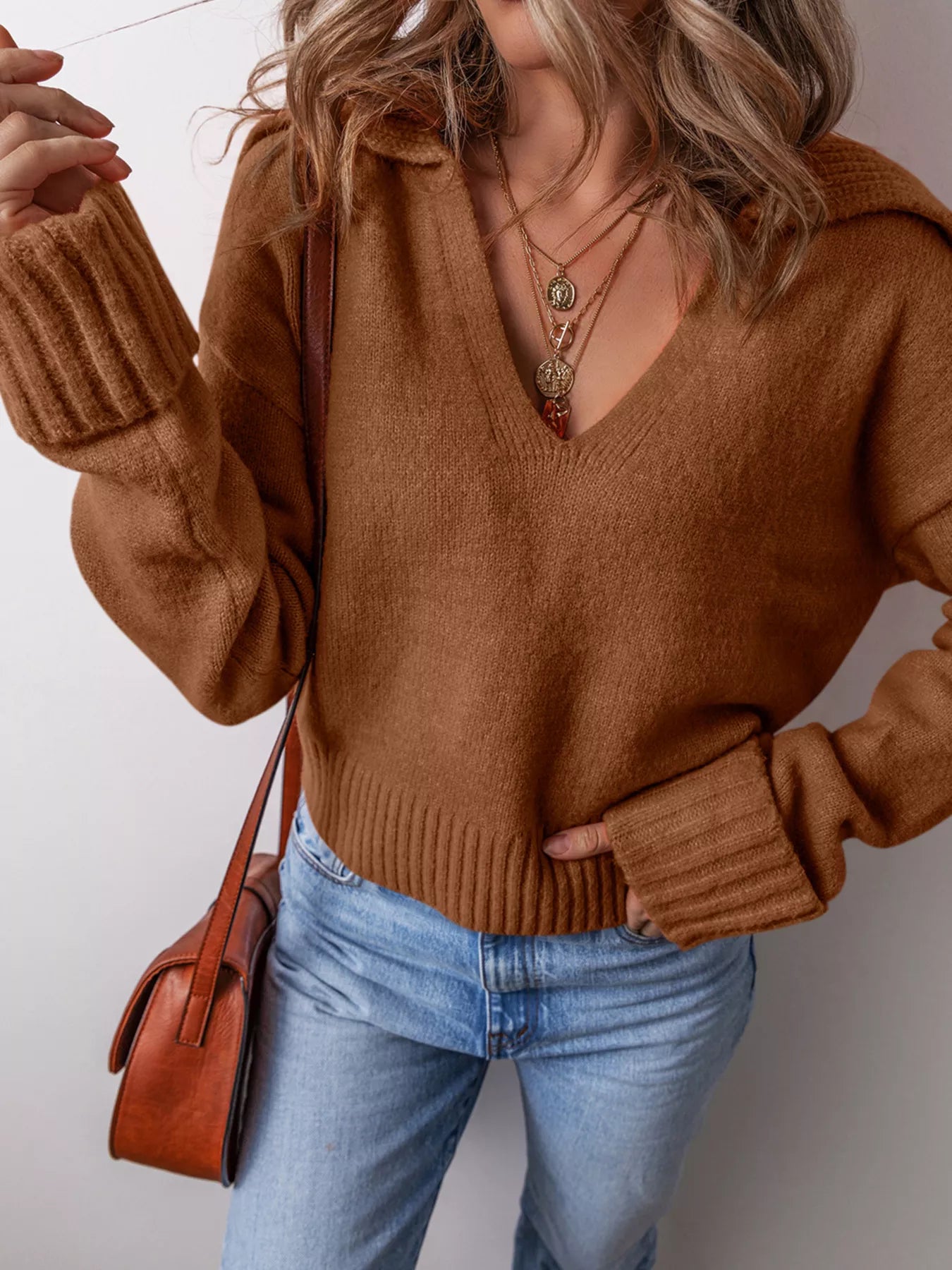Collared V Neck Ribbed Edge Sweater