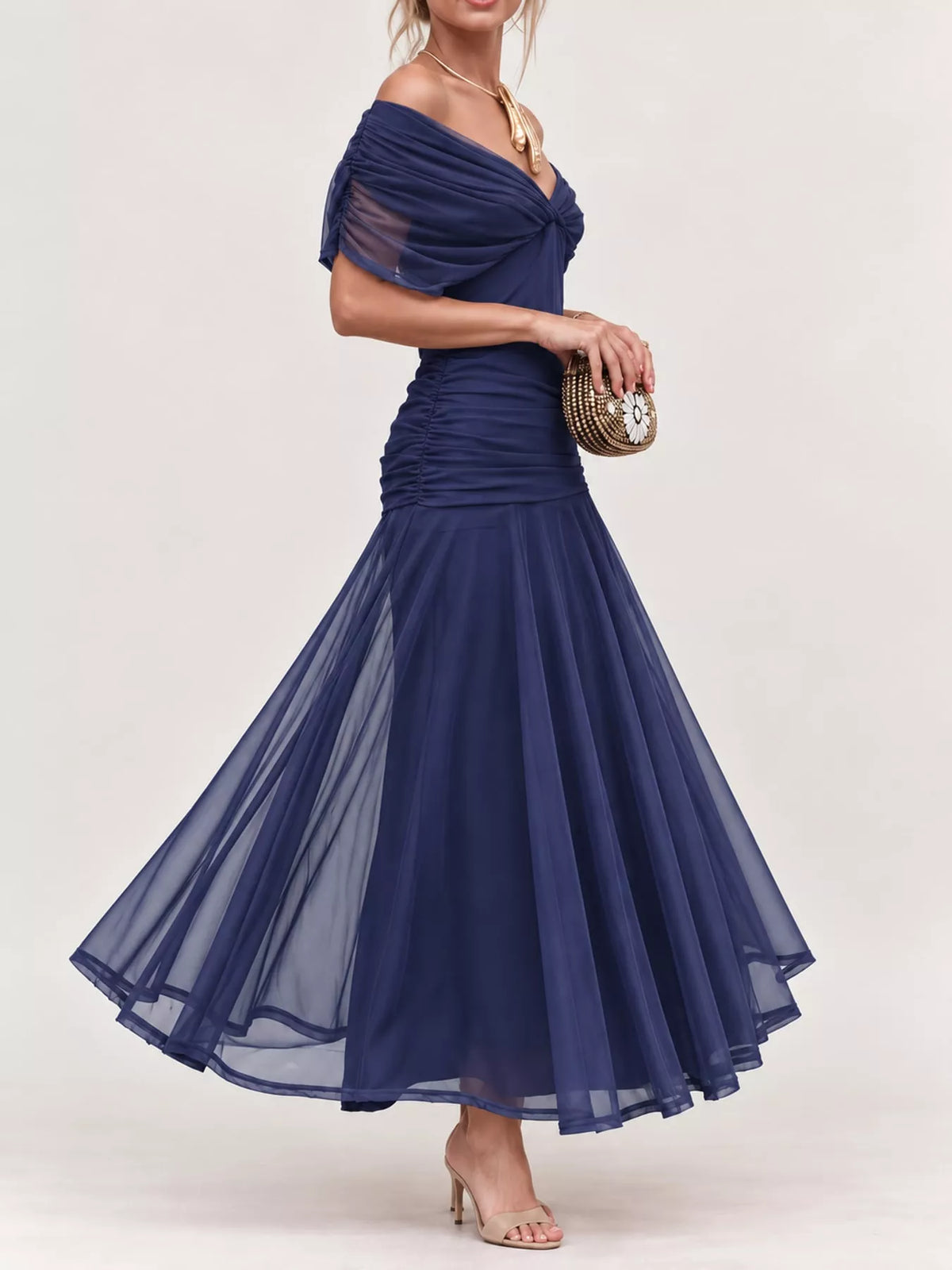 Curvy Women's Off-Shoulder Ruched Mesh Dress, 7 Colors
