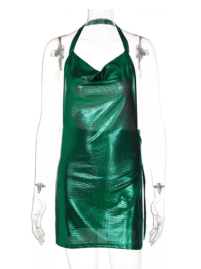 Metallic halter slit mini dress, view 20