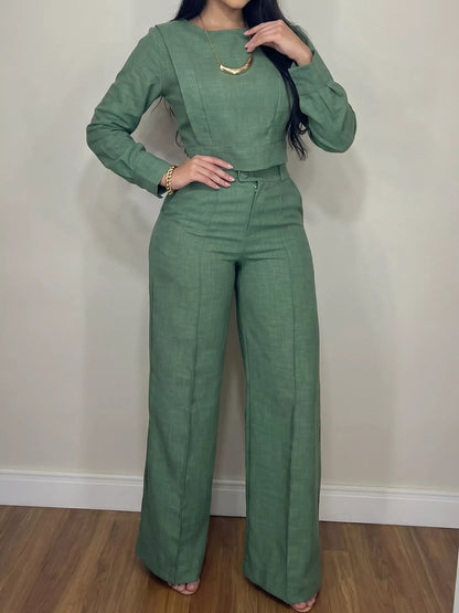 Women's green crop top & wide-leg pants set with pockets