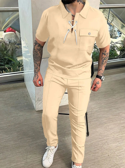 Men'sLace Up Short Sleeve Top and Pants