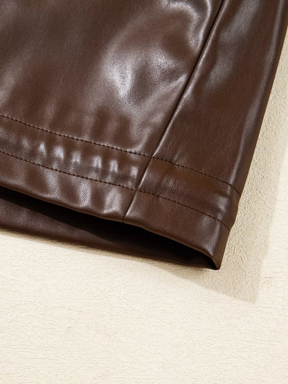 Double Flap Pocket Drawstring Hem Leather Jacket
