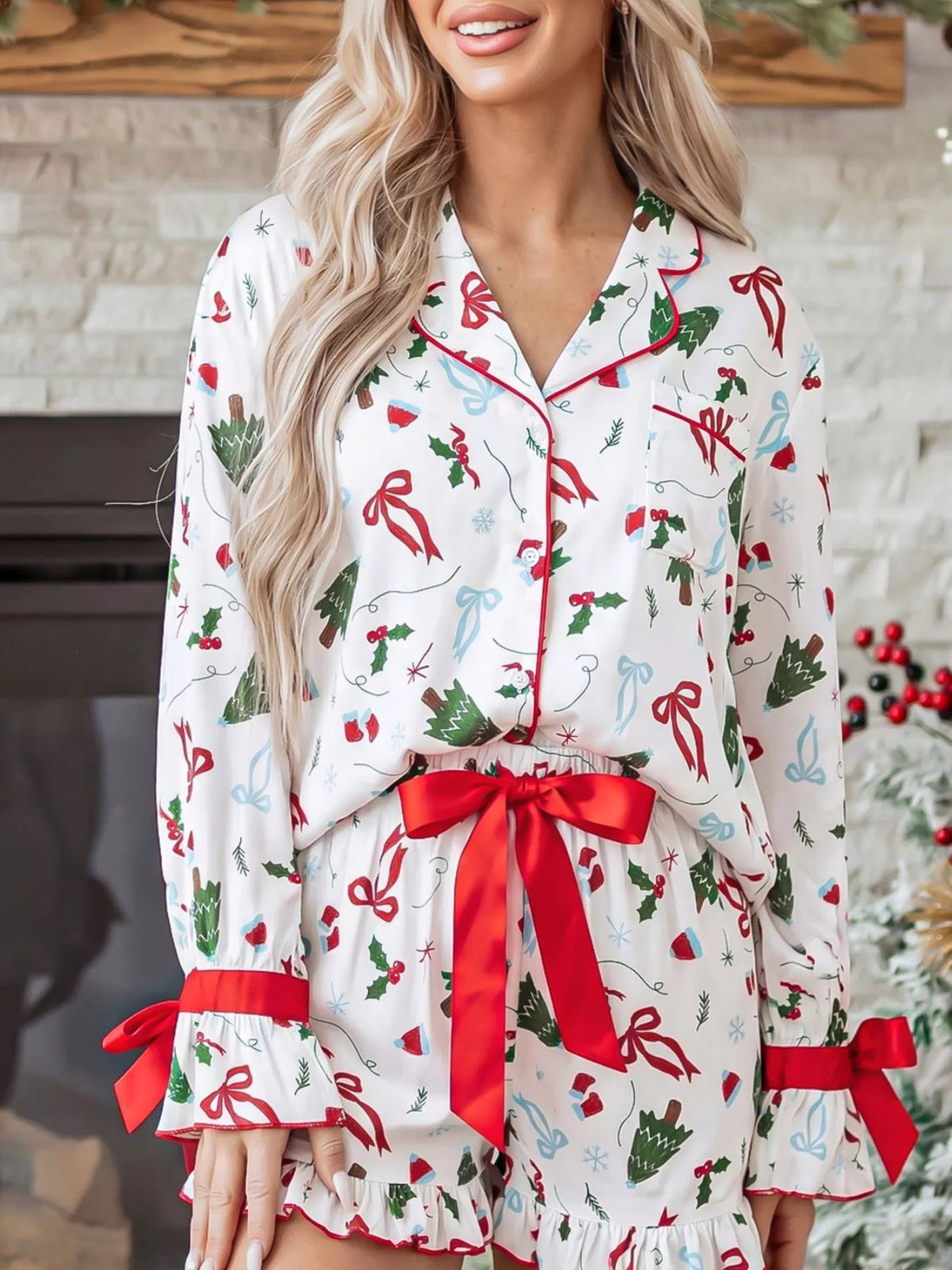 Women's holiday pajama shorts set, bow waist & ruffle cuffs