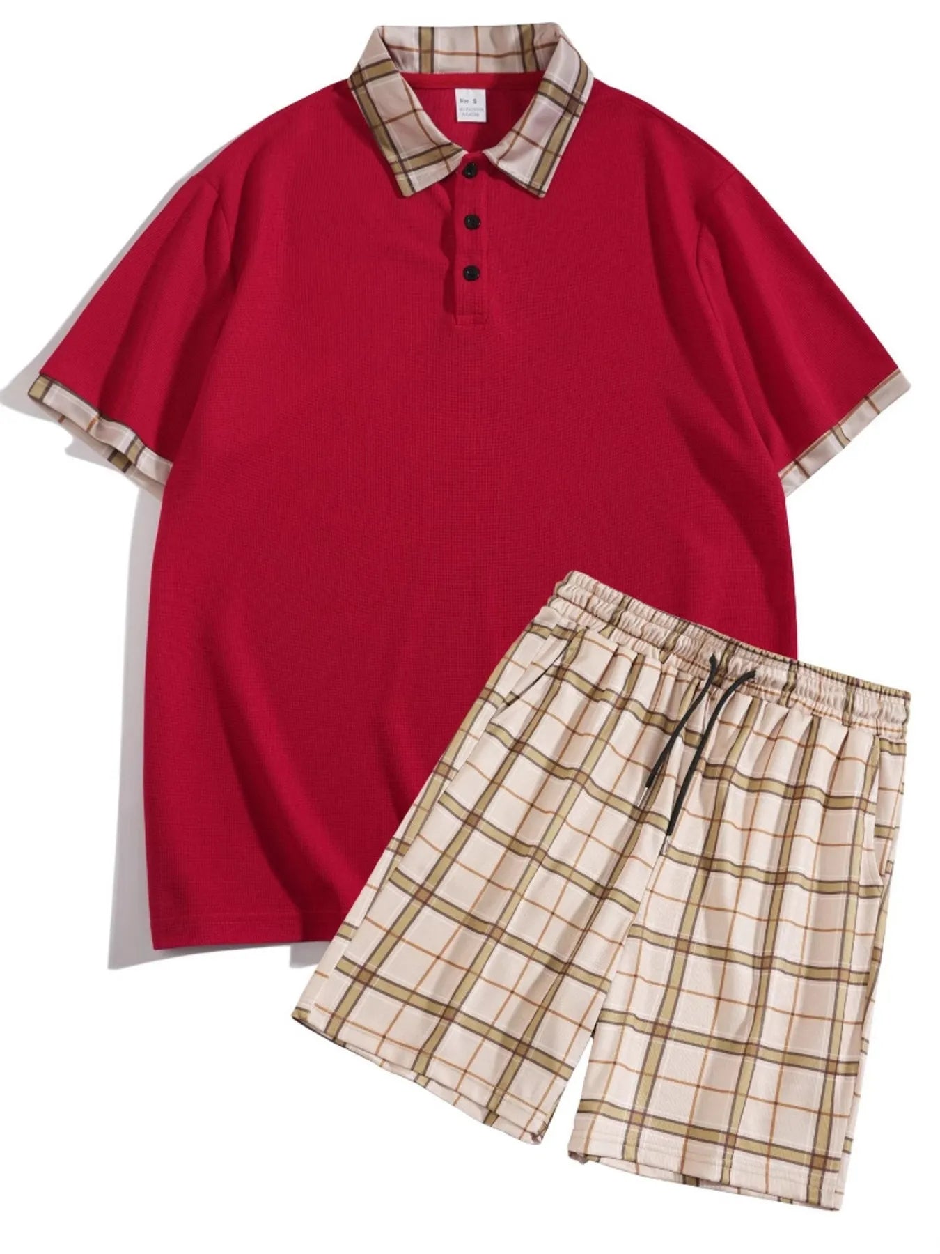 Men's Classic Plaid Collar Polo and Shorts Set