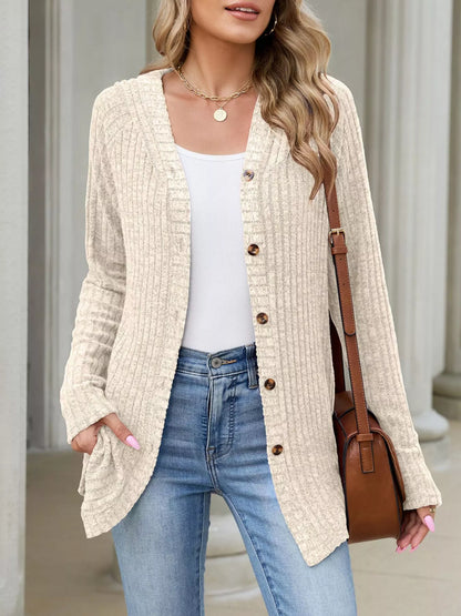 Ribbed Knit Hooded Button-Down Cardigan
