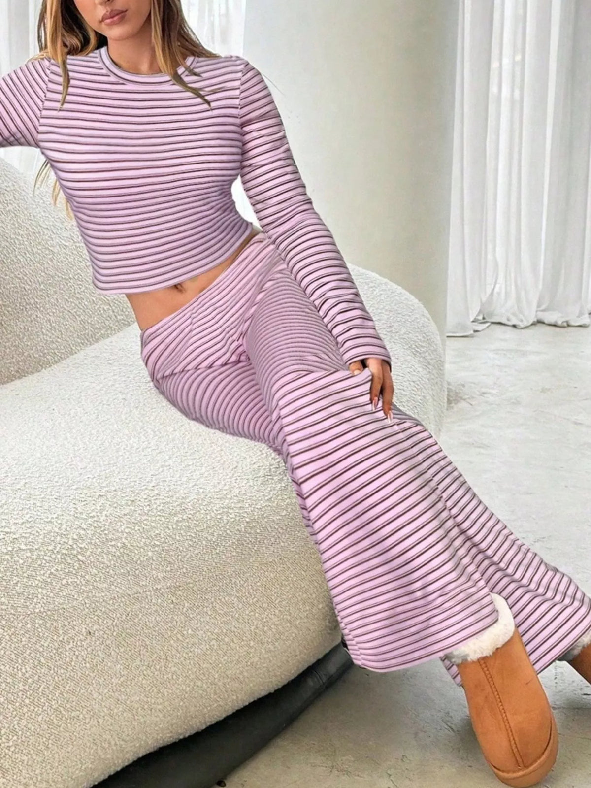 Striped Long Sleeve Crop Top and Wide Leg Pants Set